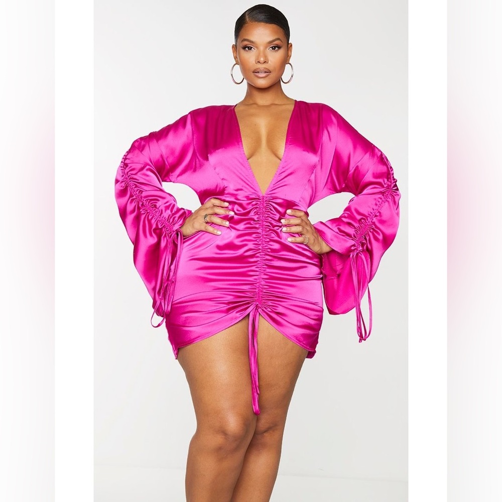 Fuchsia Satin Plunge Mini Dress